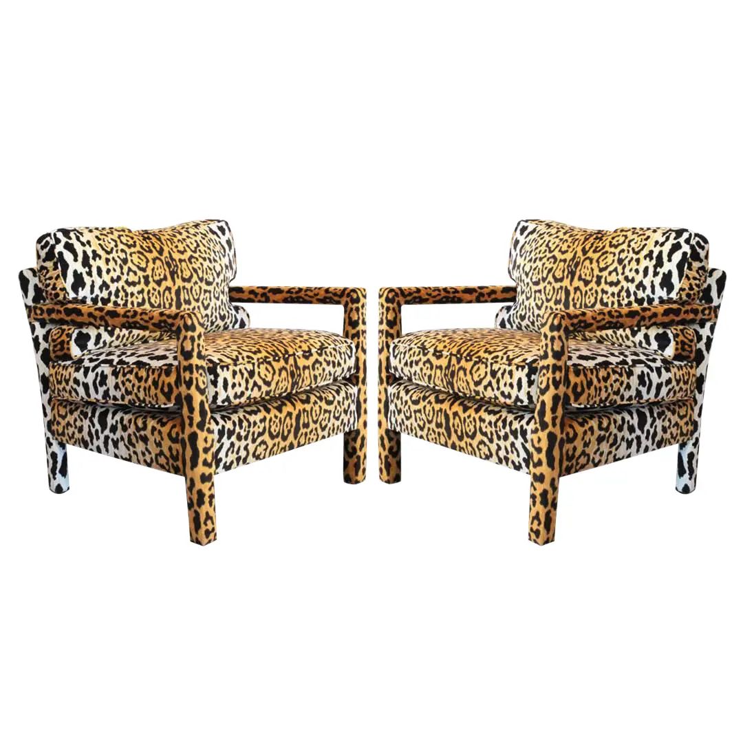 Pair of Leopard Parson Chairs in the Style of Milo Baughman, Custom | Chairish