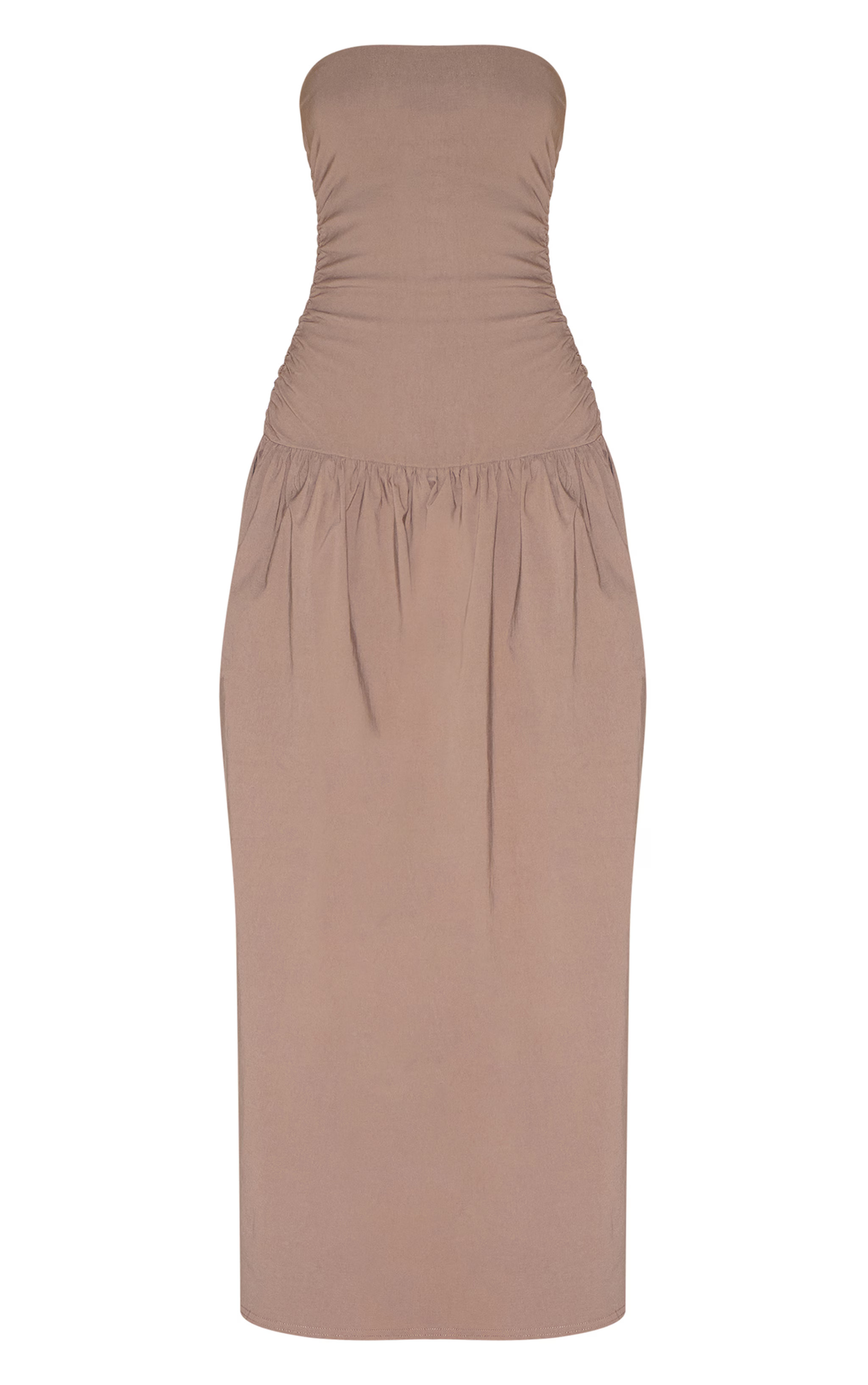Taupe Stretch Woven Bandeau Ruched Maxi Dress | Dresses | Pretty Little Thing (Australia & New Zealand)