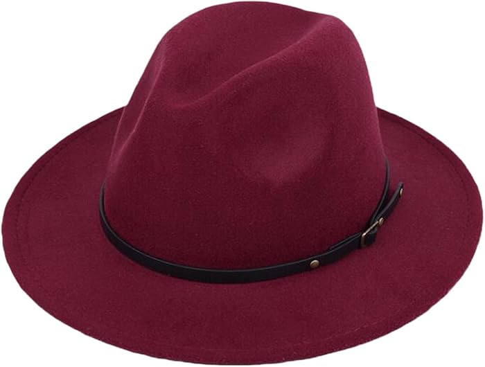 Women Classic Wool Fedora Hat with Belt Buckle Felt Wide Brim Panama Hat (Wine Red) | Amazon (US)