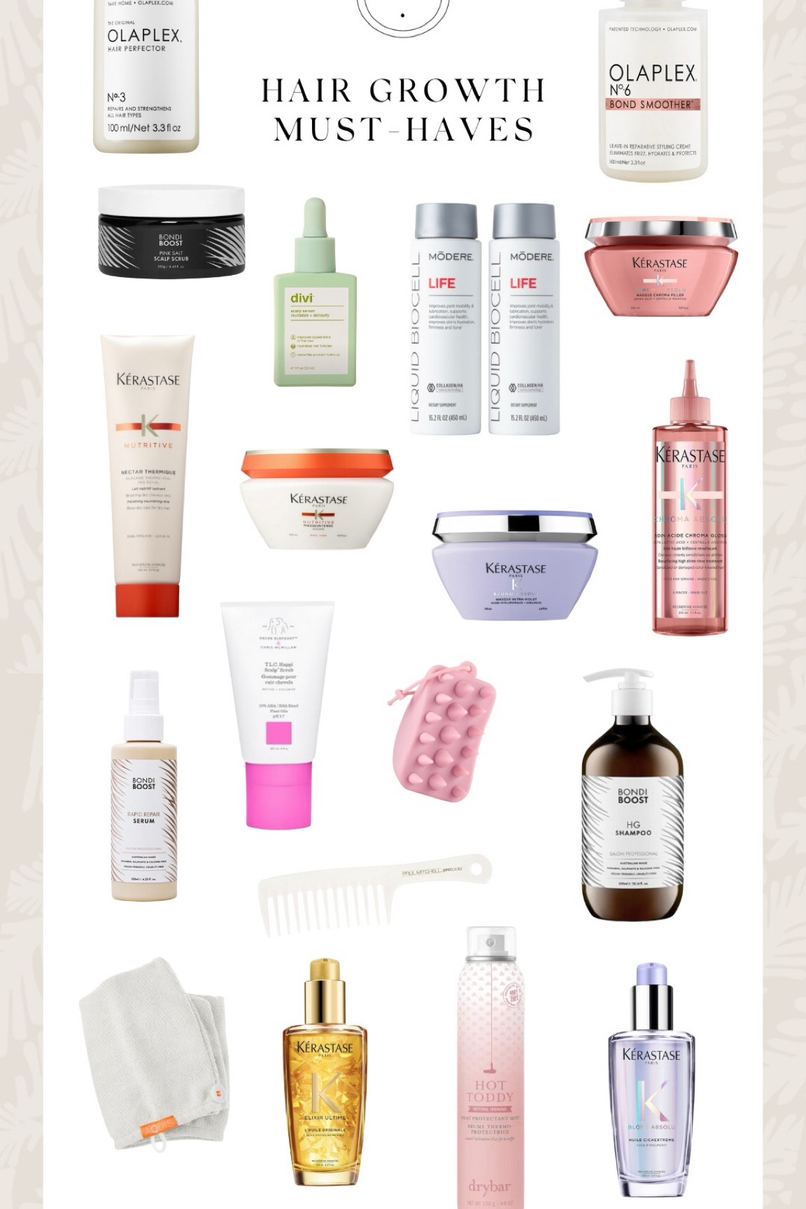 All of my current favorite hair growth products. 
Heat protectant spray, heat protectant cream (I mix with elixir and apply to damp hair), scalp oil, hair gloss, fav hair masks, wide toothed comb, lightweight shine spray  

#LTKstyletip #LTKsalealert #LTKbeauty