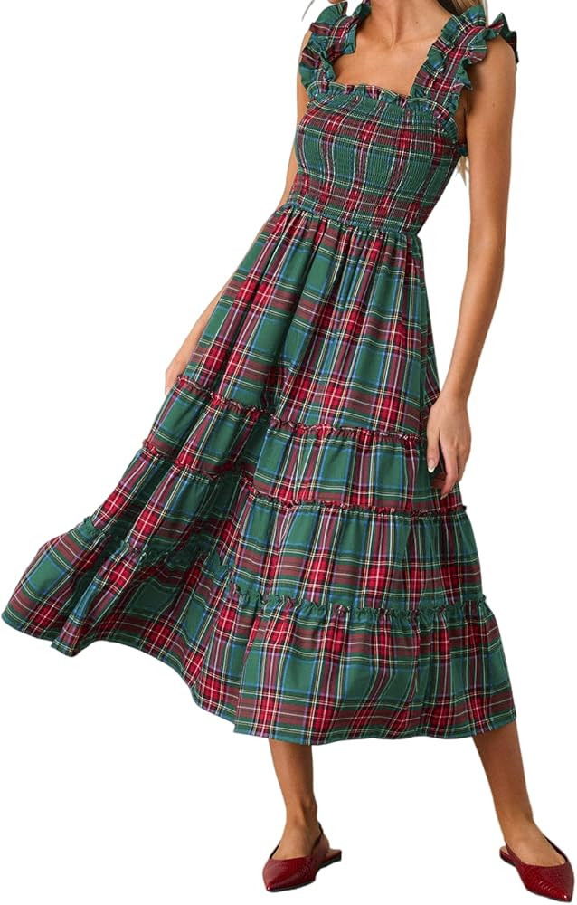 Christmas Gingham Dresses for Women Sleeveless Square Neck Plaid Long Dress Ruffle Flowy Party Co... | Amazon (US)