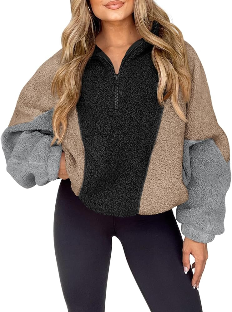 Tankaneo Womens Oversized Fleece Sweatshirt Quarter Zip Sherpa Pullover Winter Long Sleeve Color ... | Amazon (US)