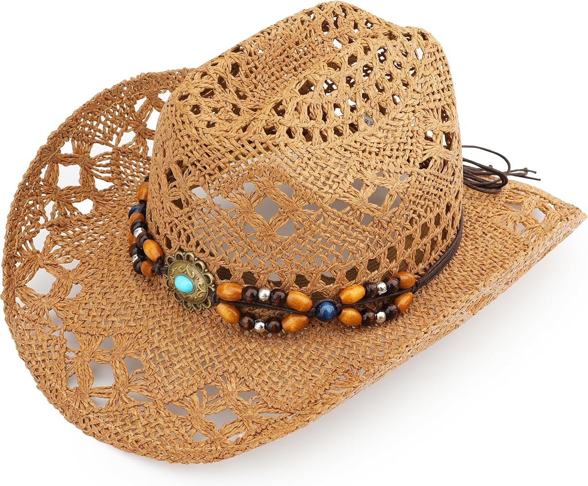 Straw Cowboy Hat, Western Cowgirl Hat, Wide Brim Sun Beach Hat for Men and Women | Amazon (US)