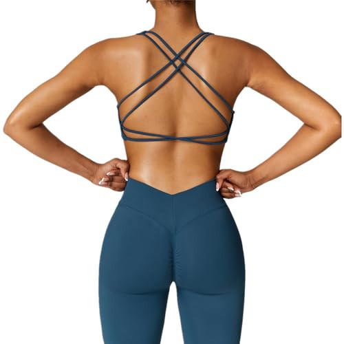 ABOCIW Womens Seamless Workout Sets V Back Scrunch Lifting High Waist Leggings Cross Back Strappy Sports Bra 2 Piece Matching Yoga Gym Sets Y-Navy Blue Small | Amazon (US)