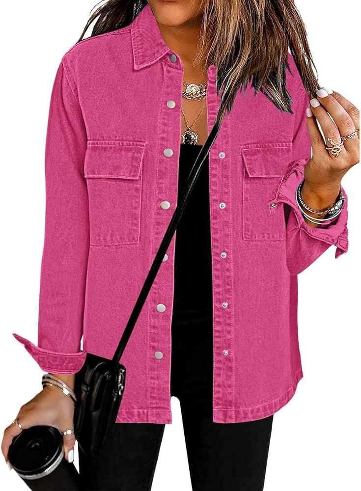 luvamia 2023 Jean Jackets for Women Fashion Oversized Button Down Denim Jacket Western Fall Shacket Jacket with Pockets | Amazon (US)