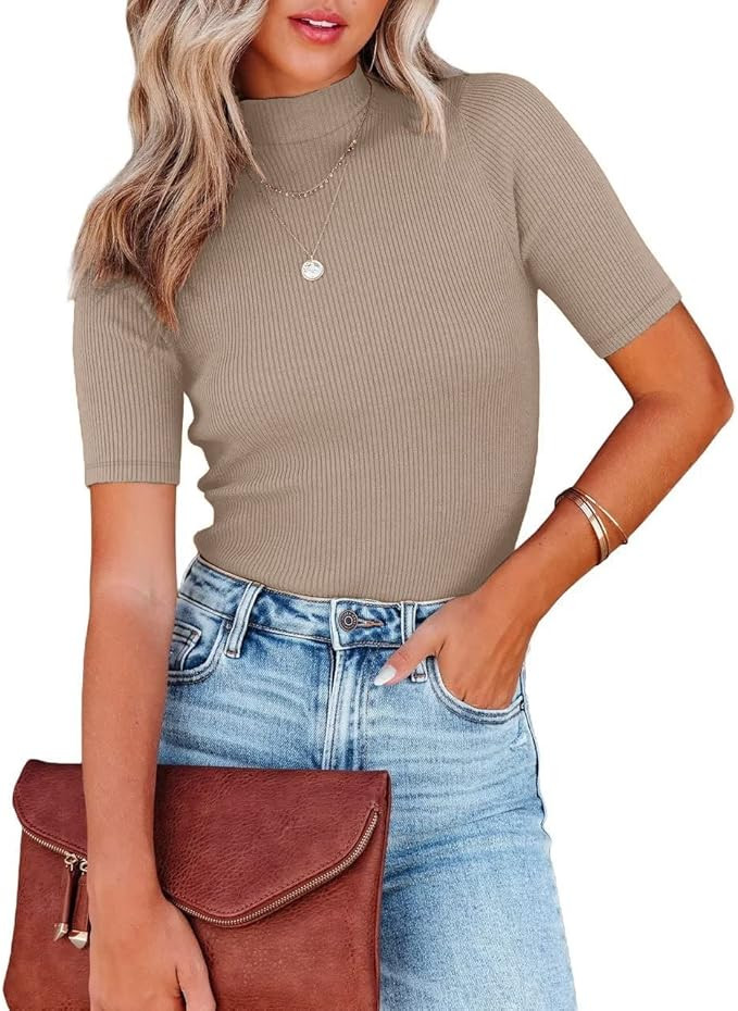 Women Tops Dressy Casual Mock Turtleneck Short Sleeve Ribbed Business Work Shirts Blouses | Amazon (US)