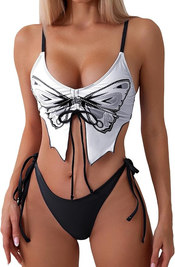 Floerns Women's 2 Piece Butterfly Print Cut Out Tie Front Swimsuit Bikini Set | Amazon (US)
