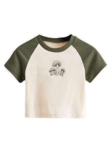 SweatyRocks Women's Graphic Print Round Neck T Shirt Short Sleeve Crop Tee Tops Mushroom Beige Green L | Amazon (US)