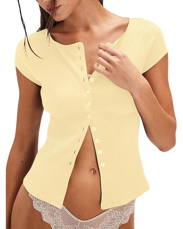 Yousify Women's Short Sleeve Summer Tops 2025 Trendy Ribbed Knit Button Down Tight Basic Tees Shi... | Amazon (US)