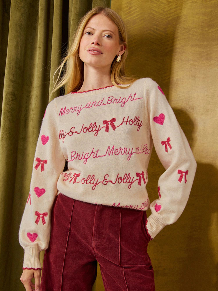 Love & Roses Ivory/Pink Bow and Heart Sparkle Embroidered Detail Scallop Neck Knitted Christmas J... | Next US