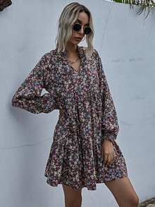 Ditsy Floral Print Shirred Cuff & Neck Dress | SHEIN