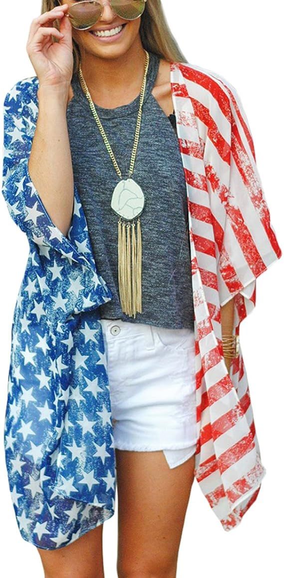 DDSOL Women's American Flag Kimono Cover up Beachwear Cardigan Loose Tops Shirt Blouse | Amazon (US)