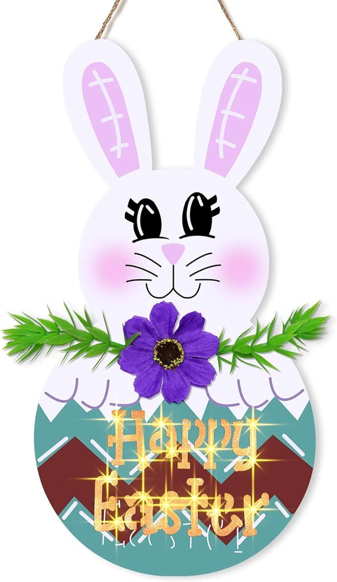 FastDeng Lighted Easter Bunny Wooden Door Sign with Timer, 12*6 Inch Cute Rabbit Happy Easter Sig... | Amazon (US)