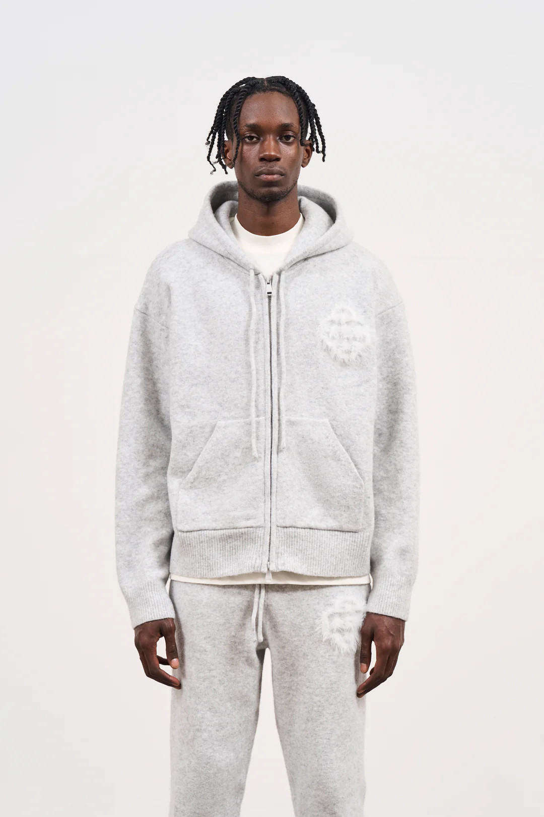FLUFFY EMBLEM ZIP THROUGH KNITTED HOODIE - GREY MARL | The Couture Club