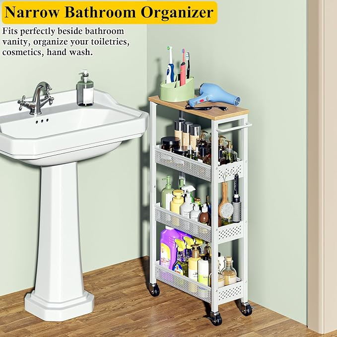 Utility Slim Storage Cart, 4 Tier Small Rolling Kitchen Laundry Room Cart with Wood Top, Metal Na... | Amazon (US)