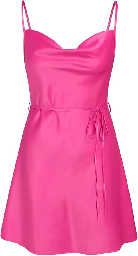 CIDER Summer Dresses 2024 Wedding Guest Dress Cocktail Dresses Solid Satin Cowl Neck Cami Mini Dr... | Amazon (US)