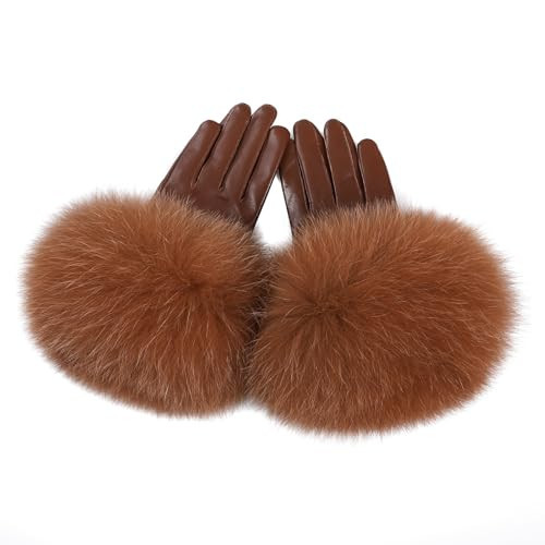 BOONJOVIA Women Genuine Lambskin Leather Gloves With Real Fox Fur Trim Cuff Winter Warm Driving Gloves-Velvet Lined (Brown, Large) | Amazon (US)