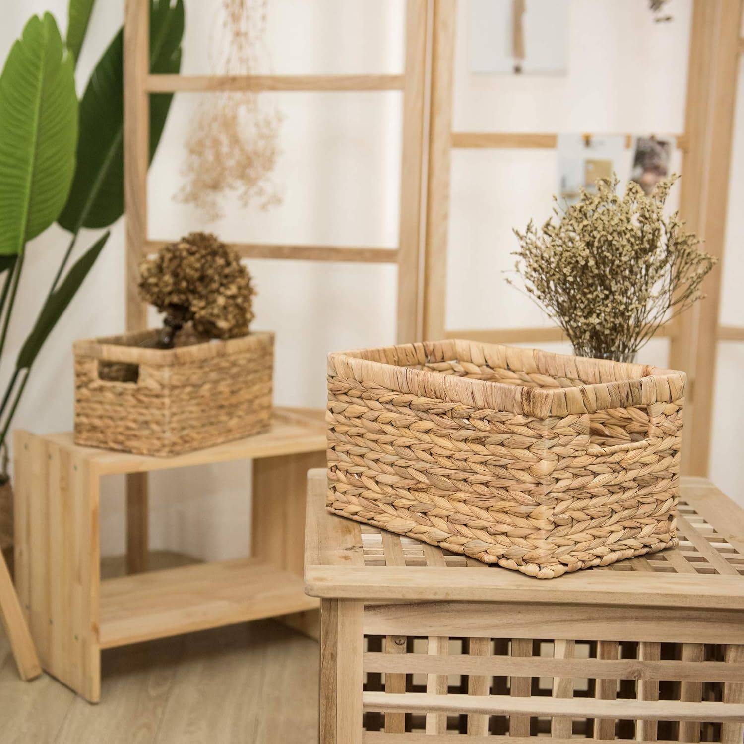 StorageWorks Water Hyacinth Storage Baskets, Rectangular Wicker Baskets with Built-in Handles, Me... | Amazon (US)