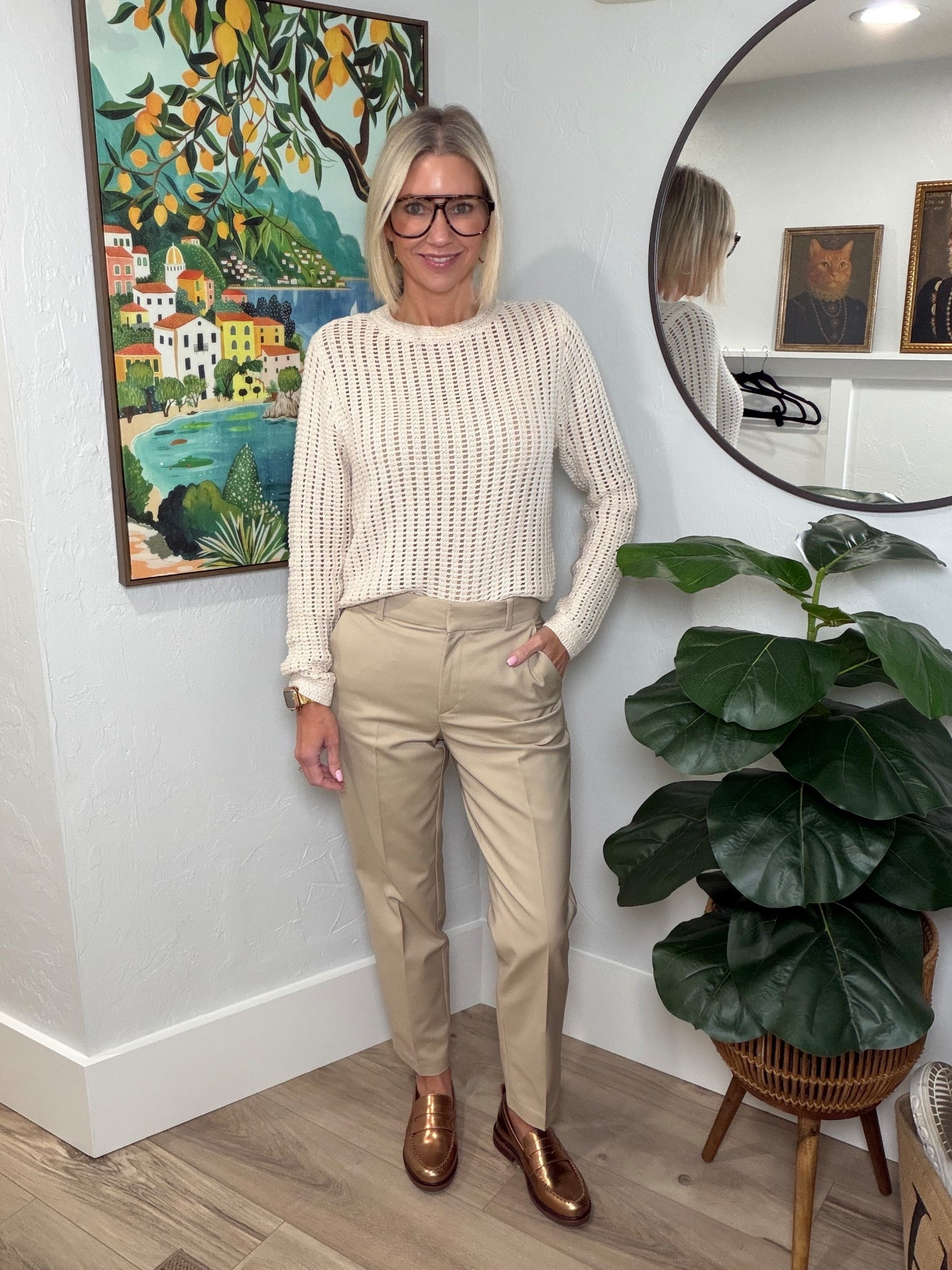 If you love the look of an open knit top but want to elevate it for work, pair with a pair of trousers and loafers or heels and you’re good to go! 
My trousers are from H&M and they’re a nice classic slacks or chinos type style. Straight Leg and slightly cropped. 

Sweater: Target XS
Trousers: H&M 4
