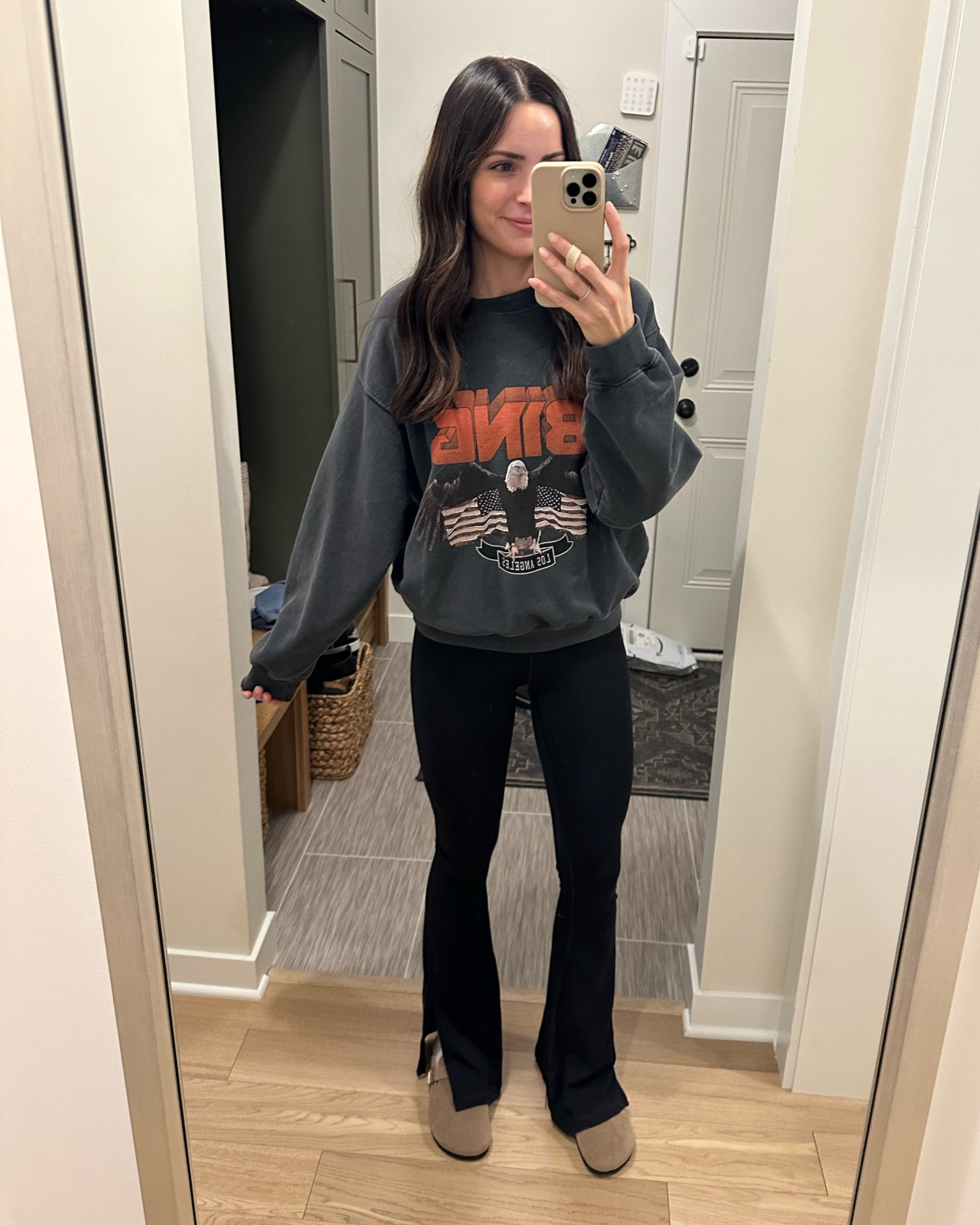 Anine bing sweatshirt: sized up to a L
Split flare leggings: true to size (S long) 5’7” 
Birkenstock clog dupes: true to size  

#LTKshoecrush #LTKsalealert #LTKunder50