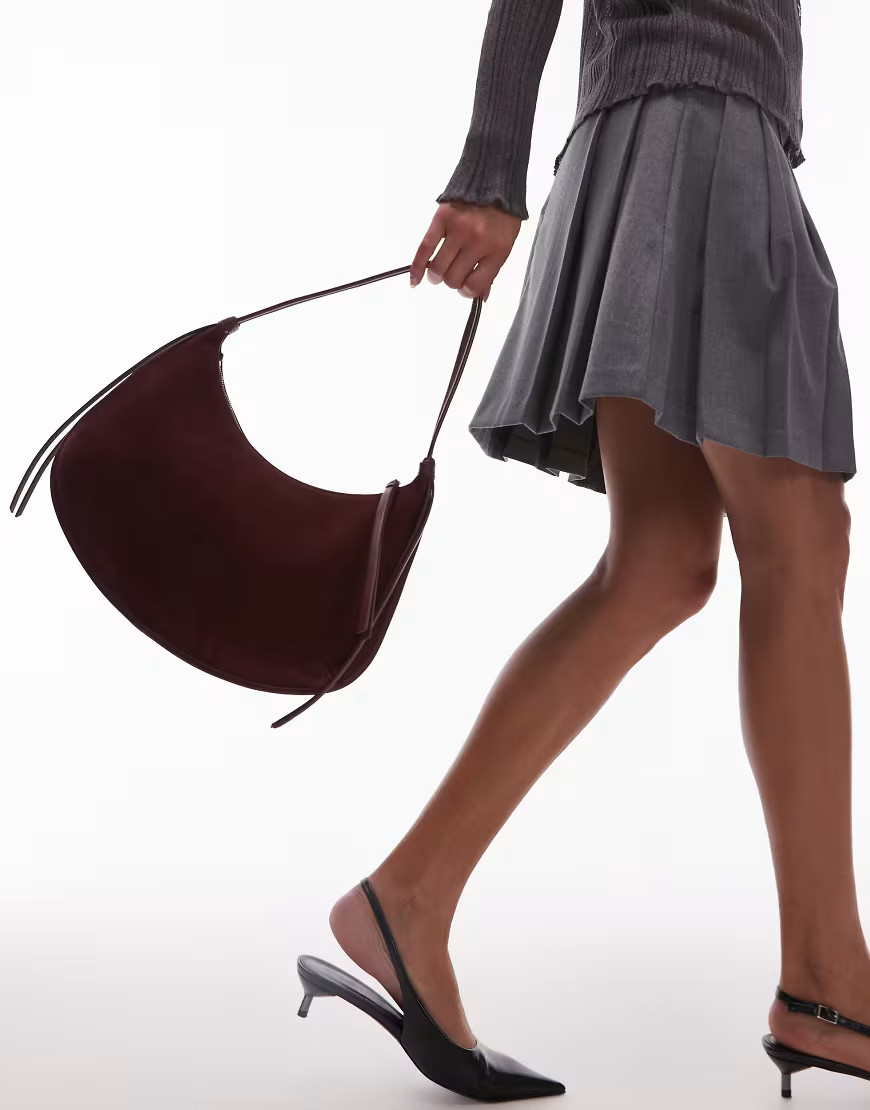 & Other Stories small shoulder curved suede tote bag with leather fringe trims in dark cherry red | ASOS (Global)