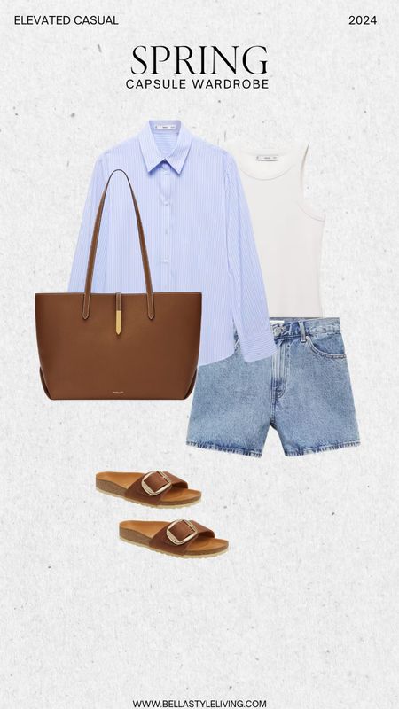 Chic, spring capsule wardrobe with denim shorts, and Birkenstock slides. Pair with a white tank and blue button-down collared shirt.

#LTKfindsunder100 #LTKover40 #LTKstyletip