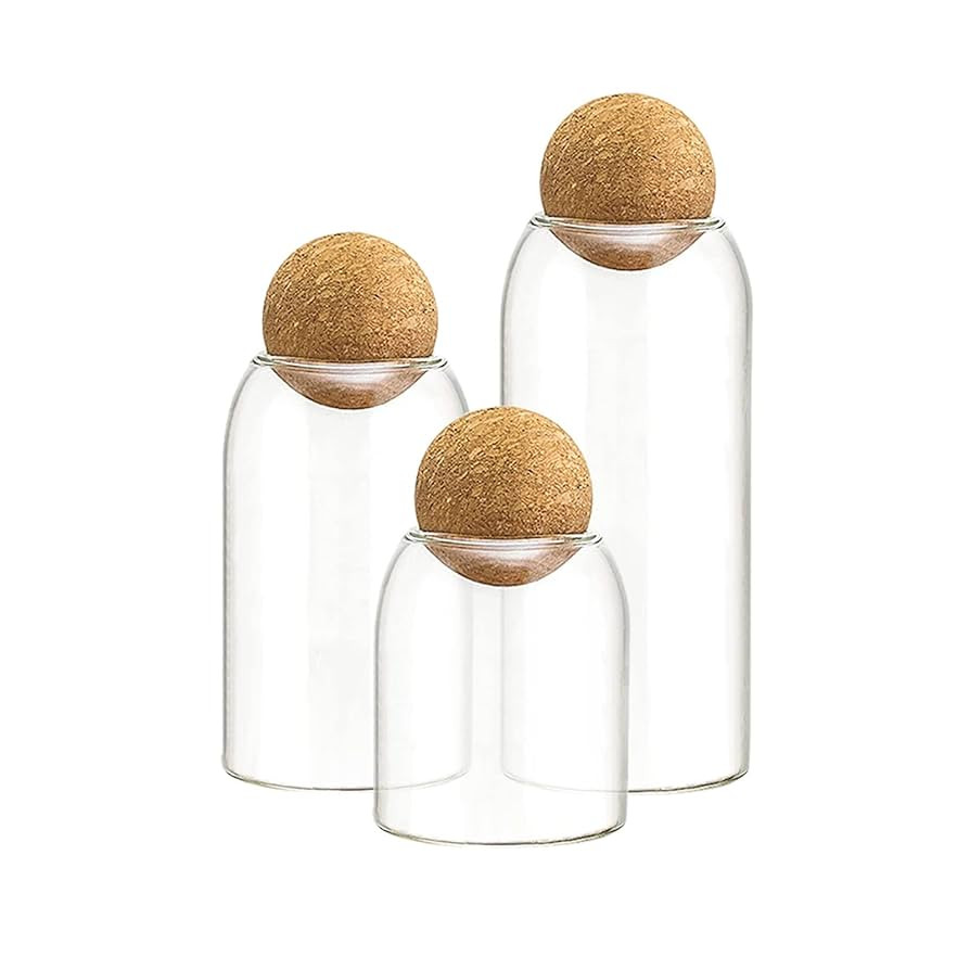 3 Pcs Glass Jars with Cork Ball Lid Set Kitchen Food Terrarium Airtight Clear Storage Canisters w... | Amazon (US)
