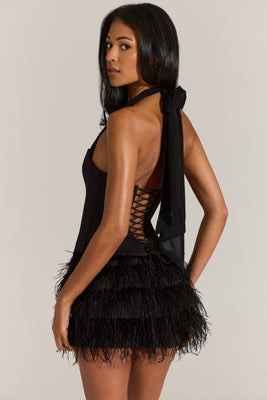 Satin Corset Feathered Mini Dress in Black | Oh Polly