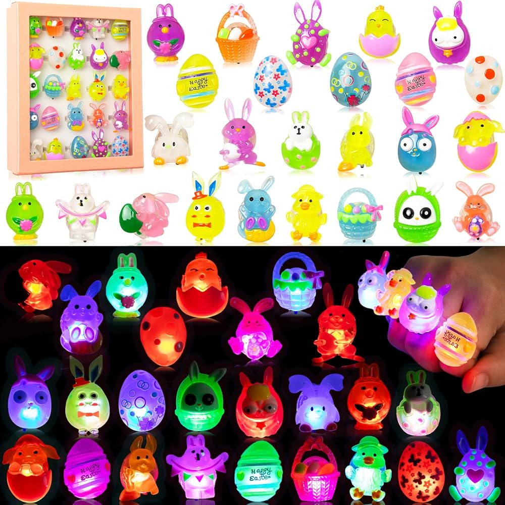 POMPFAVOR 25Pcs Easter Egg Fillers Light Up Rings for Kids Easter Glow in The Dark 3D Led Finger ... | Amazon (US)