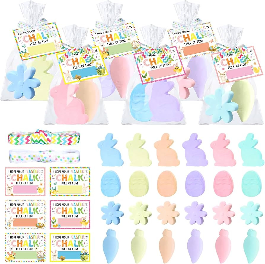 50 Pcs Easter Sidewalk Chalk Set, 24 Washable Non-toxic Colored Chalk with 12 Cards 12 Bags 2 Rib... | Amazon (US)