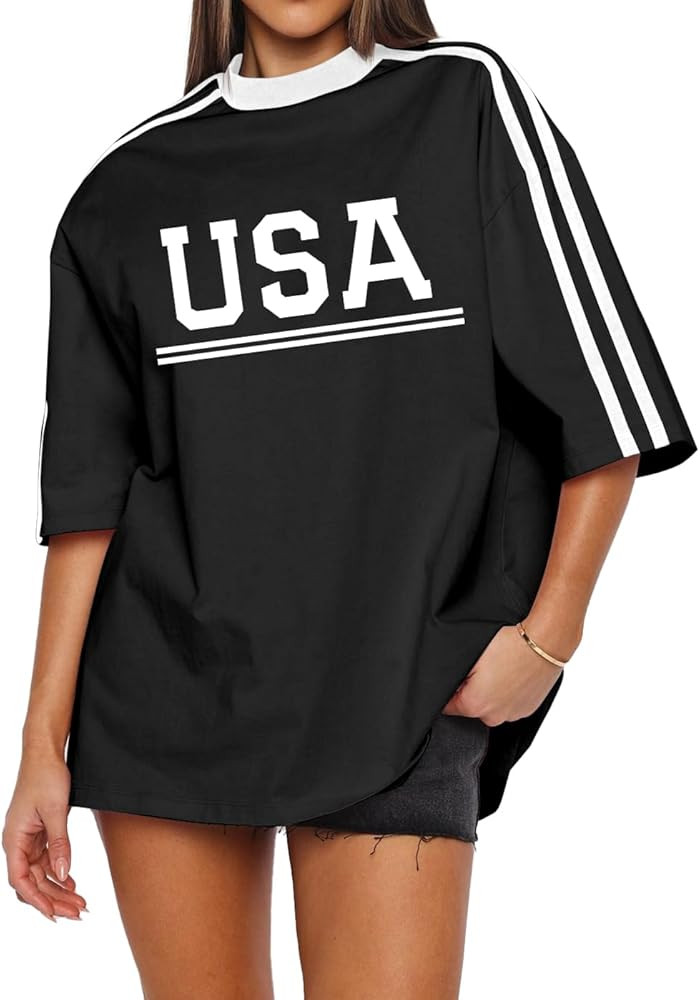 Dressmine Womens USA Striped Shirt Oversized Short Sleeve Tops Graphic Tee Casual Summer American... | Amazon (US)