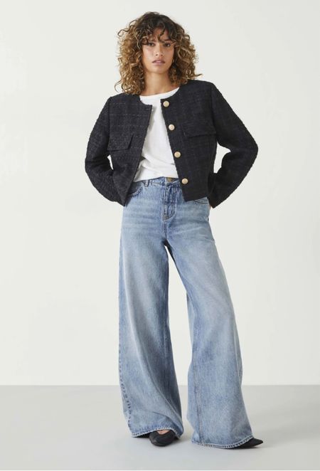 New in at Hush. Perfect boucle jacket, white tee, wide leg jeans and Mary Jane shoes