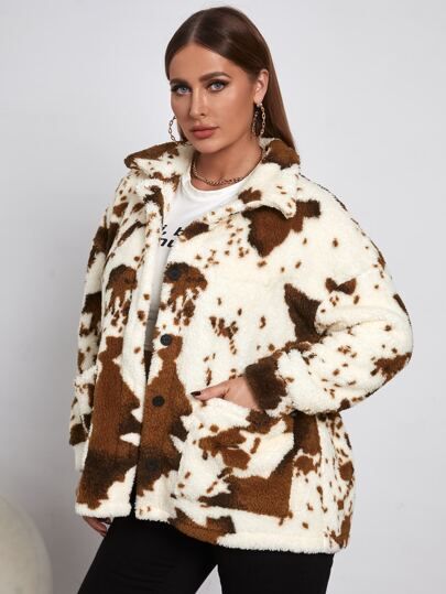 SHEIN Plus Cow Pattern Drop Shoulder Patch Pocket Teddy Coat | SHEIN