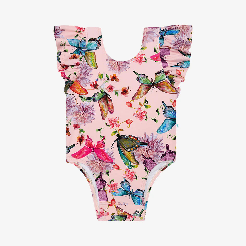 Butterflies Pink Baby Ruffled Cap Sleeve Swimsuit | Watercolor Butterfly | Posh Peanut