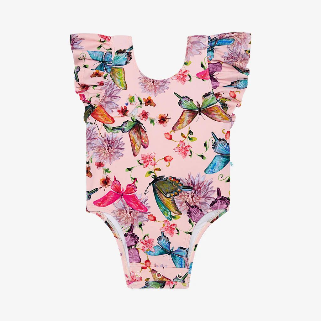 Butterflies Pink Baby Ruffled Cap Sleeve Swimsuit | Watercolor Butterfly | Posh Peanut