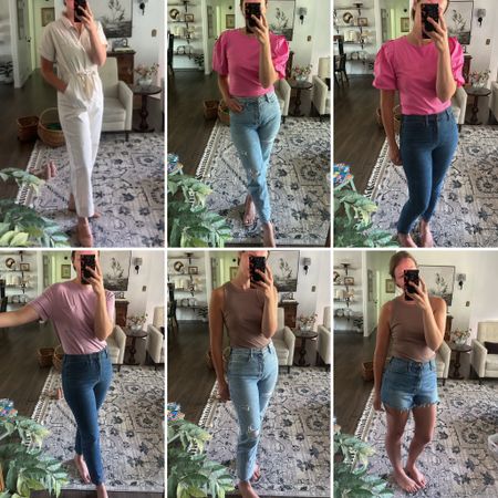 Women’s outfits. Jumpsuit. Jean shorts. Casual. Statement sleeves. • 5’10, 165 lbs // jumpsuit: 8 // light wash jeans with holes (old navy): 6 // darker jeans (Madewell): 28 // jean shorts: 8 // pink statement top: small // purple tee: small // mauve tank top: large // slides: 11 (am normally 10 but sized up for these)

#LTKstyletip #LTKfit #LTKSeasonal