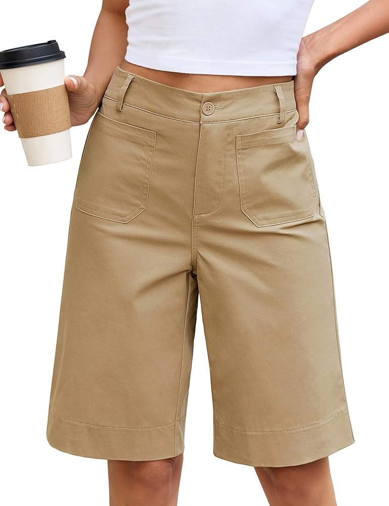 luvamia Bermuda Shorts for Women Knee Length High Waisted Dressy Casual Patch Pocket Chino Elasti... | Amazon (US)