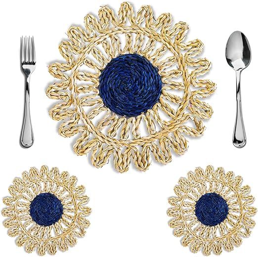 Mekri, Round Jute Flower Wicker Braided Woven Rattan Seagrass Placemats Set of 2, Rustic Boho Bei... | Amazon (US)