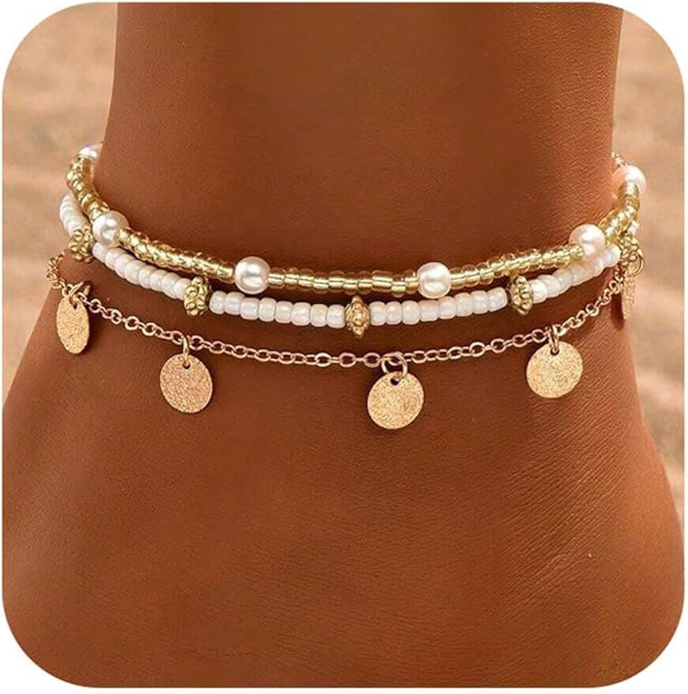 Shell Ankle Bracelet Set for Women, Gold Plated Boho Bead Adjustable Anklet, Hawaiian Beach Seash... | Amazon (US)