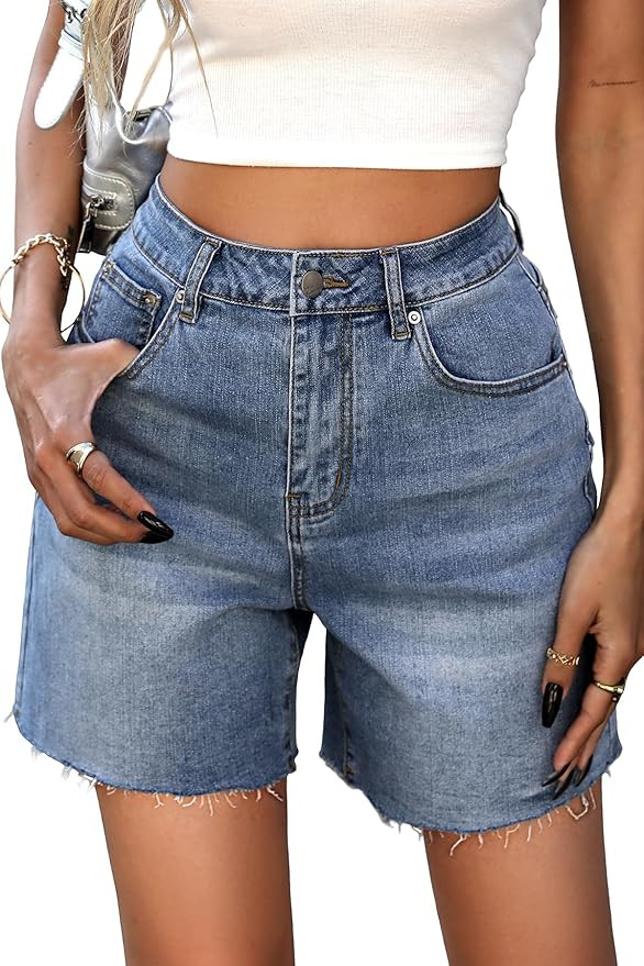 ELLEVEN Women's Raw Hem Jean Shorts, Wide Straight Leg Mom Denim Shorts | Amazon (US)
