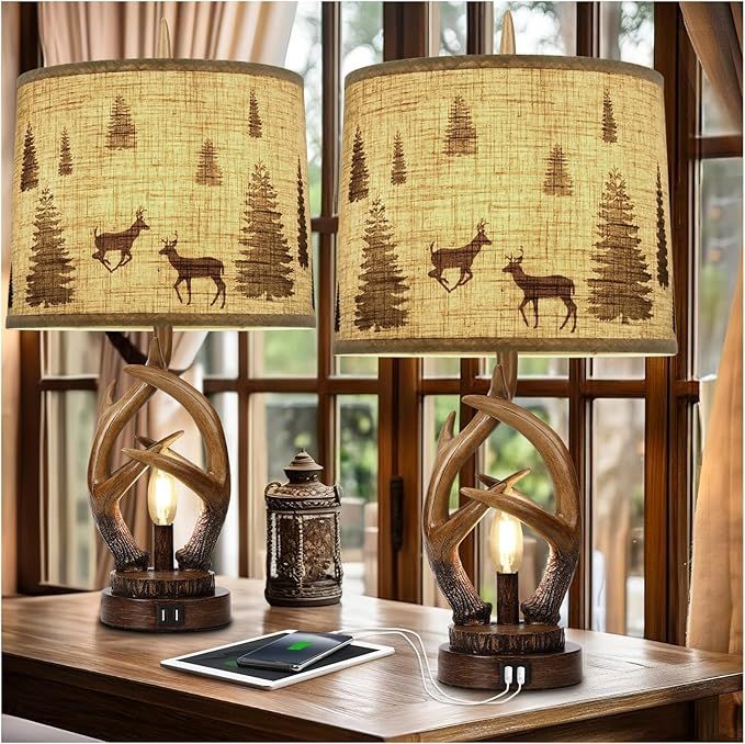 Scenekoy Rustic Farmhouse Antlers Table Lamp Set of 2 with Nightlight Dual USB Ports Linen Fabric... | Amazon (US)