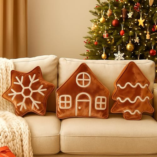 Amyhill 3 Pcs Christmas Velvet Throw Pillows Xmas Tree Gingerbread Man House Snowflake Pillows Embroidered Design Stuffed Christmas Decoration for Home Sofa Bed Couch Party | Amazon (US)