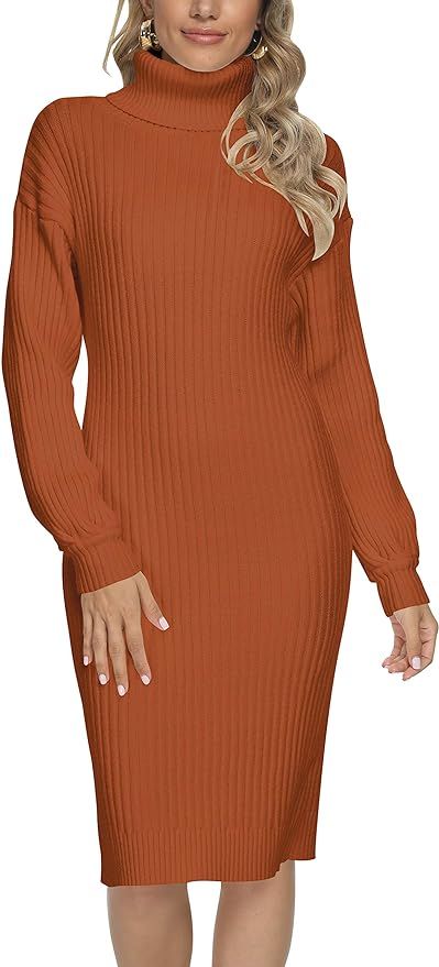 LOGENE Women's Turtleneck Long Sleeve Ribbed Slim Fit Knee Length Knit Sweater Dress | Amazon (US)