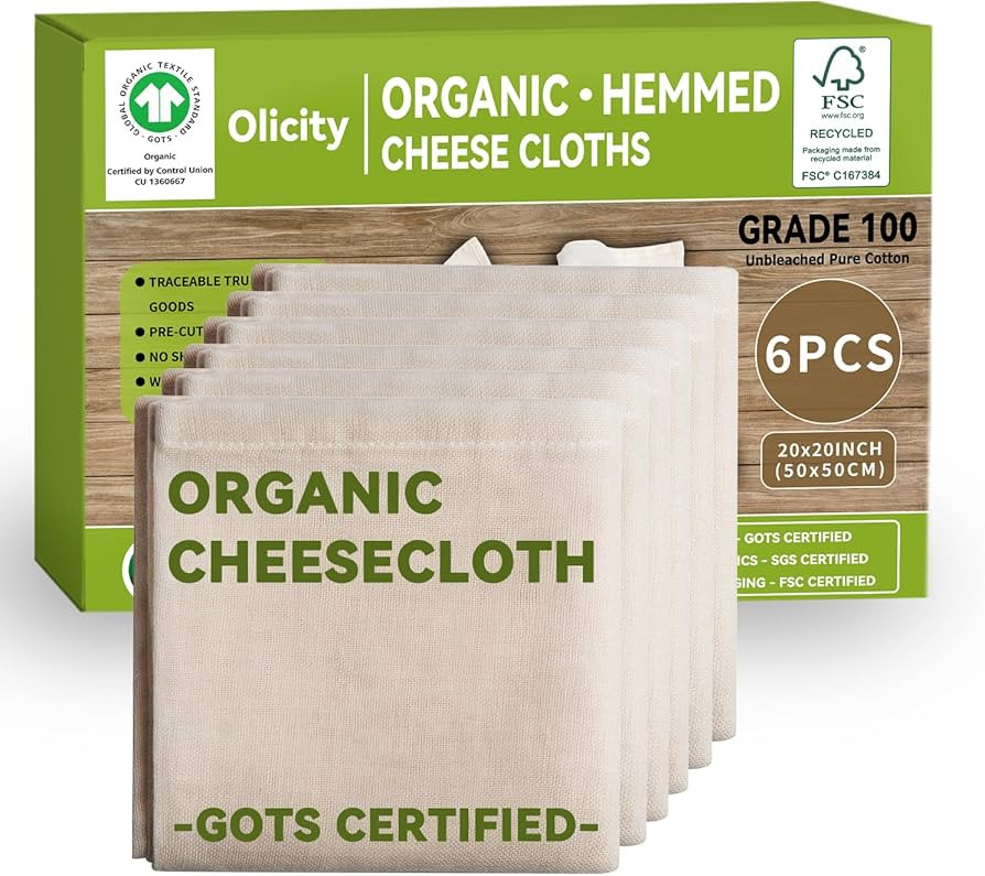 Organic Cheese Cloths, GOTS Certified, 6PCS, Grade 100, 20x20Inch Hemmed Cheese Cloth Fabric Reus... | Amazon (US)