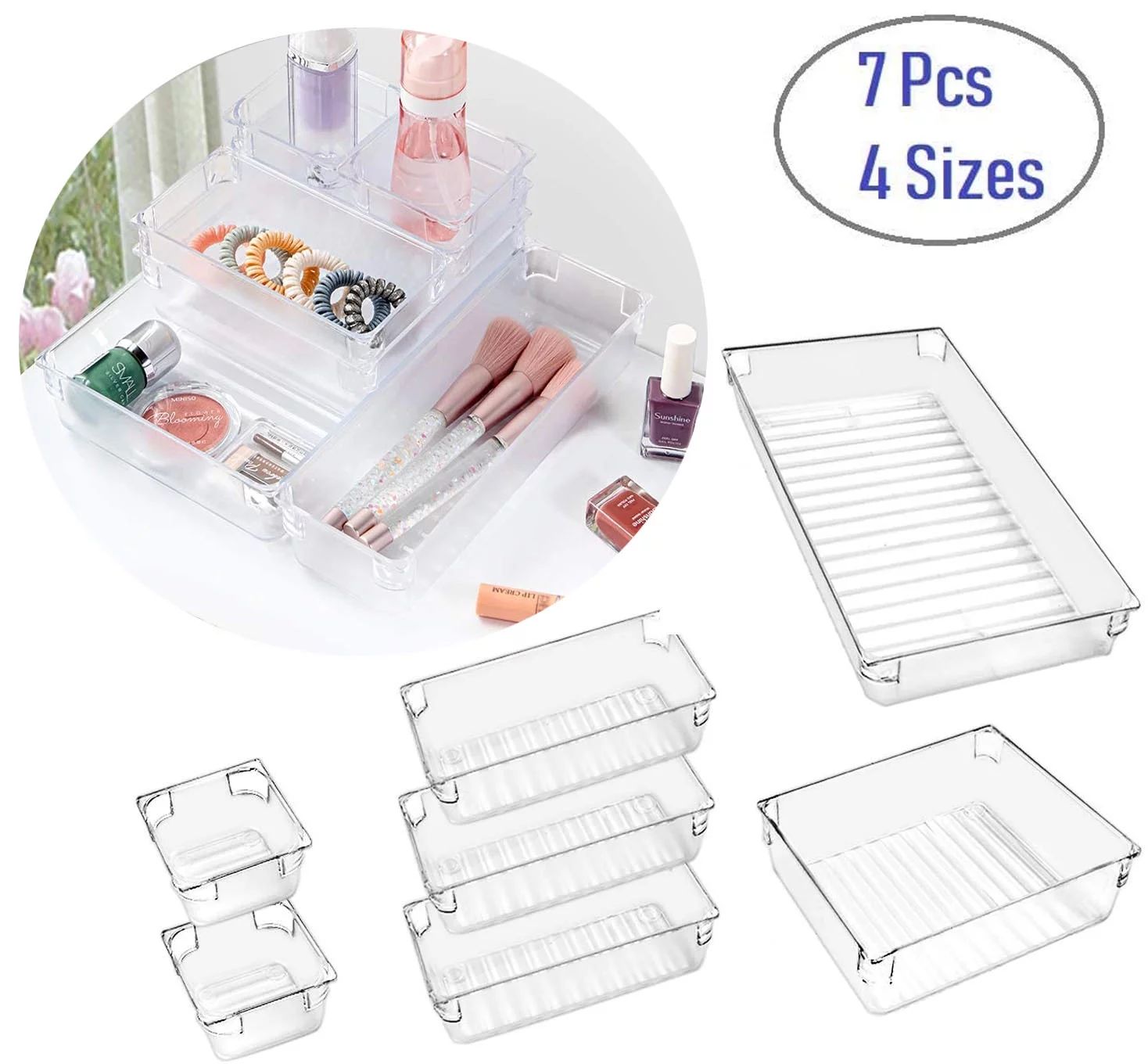 4-Size Clear Plastic Drawer Organizer Containers, Storage for Desk Drawers Trays, Kitchen Bathroo... | Walmart (US)