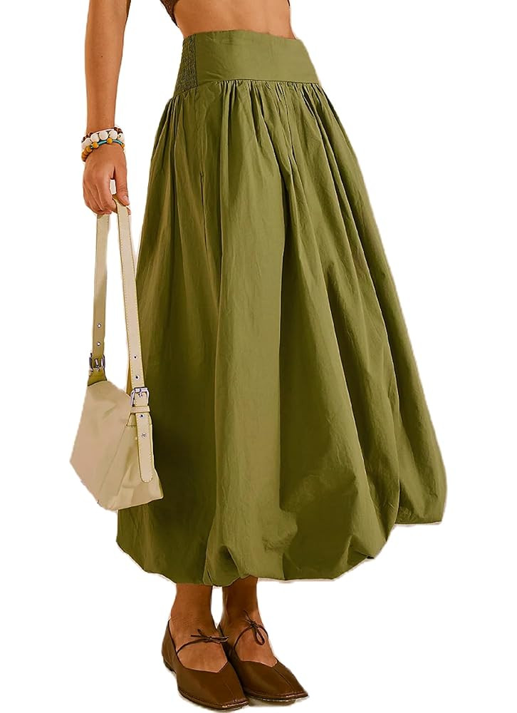 Women's Bubble Long Skirt Elastic Waist A-Line Pleated Ruffle Flowy Balloon Maxi Skirts with Pock... | Amazon (US)