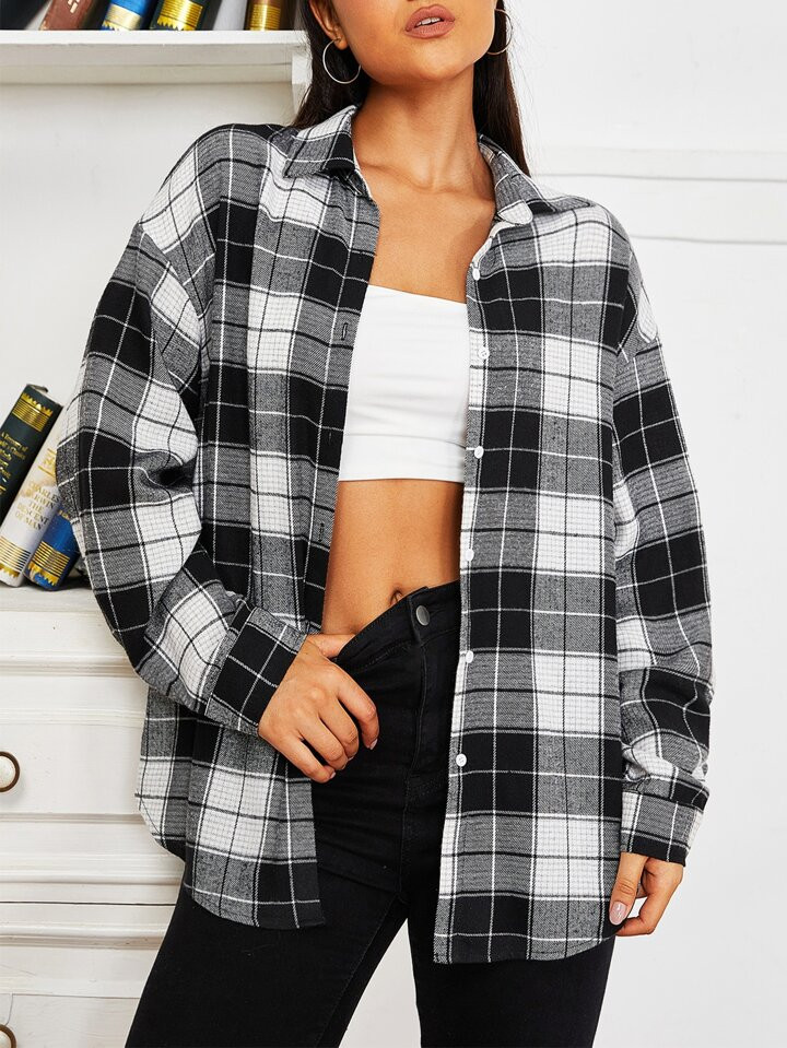 SHEIN EZwear Plaid Print Drop Shoulder Shirt | SHEIN