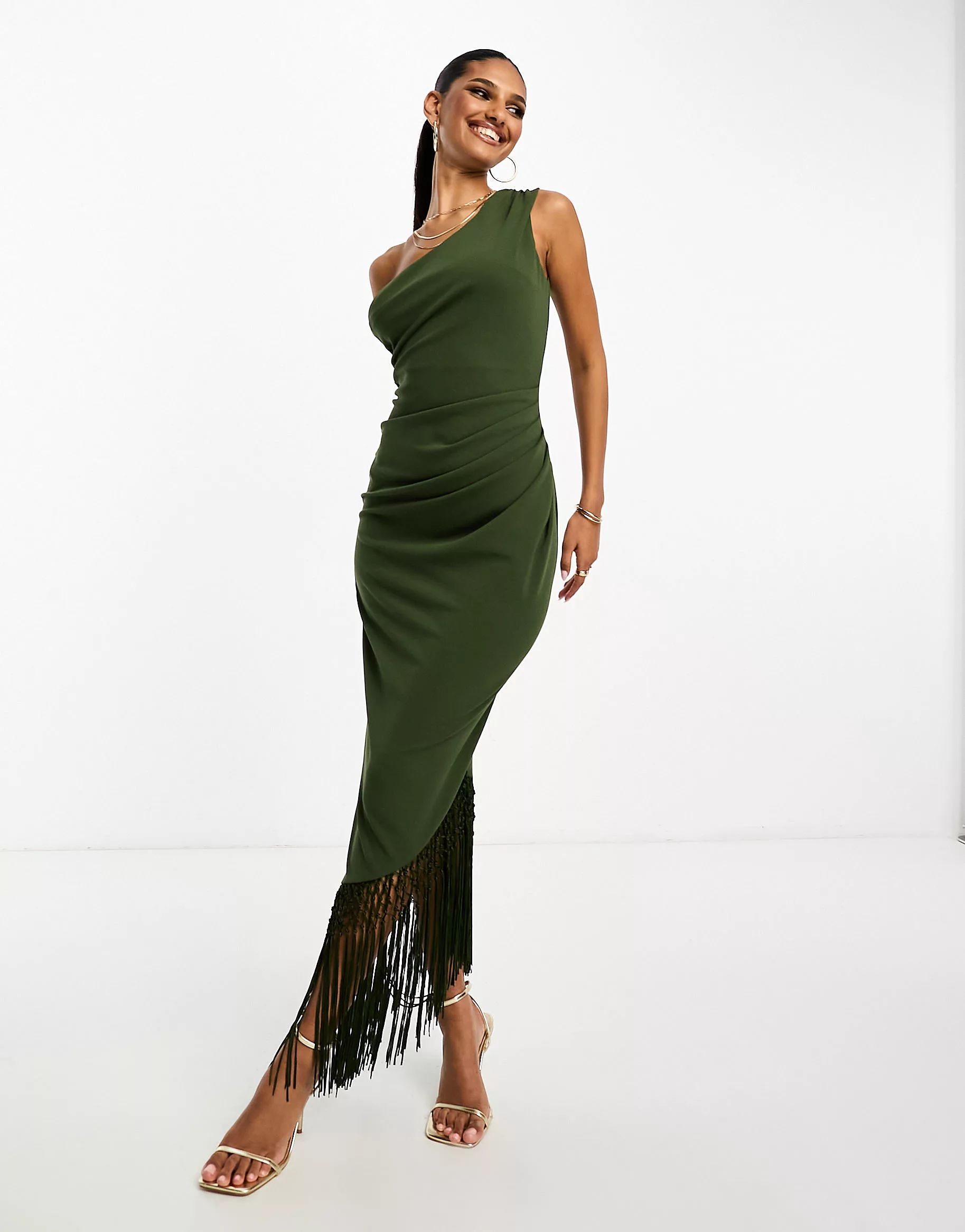 ASOS DESIGN one shoulder draped fringe trim midi dress in dark green | ASOS (Global)