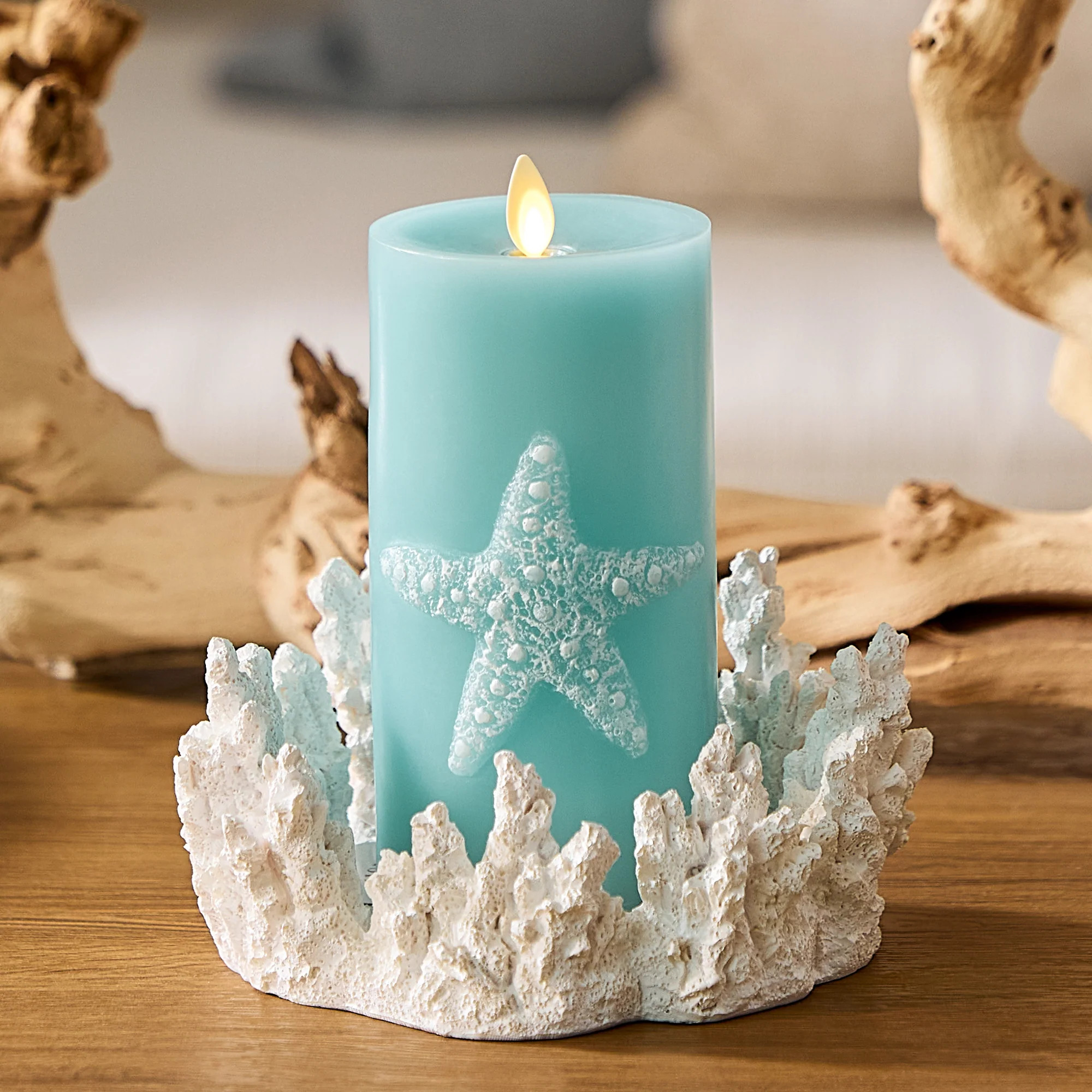 Soft Teal Embossed Starfish Flameless Candle Pillar | Luminara