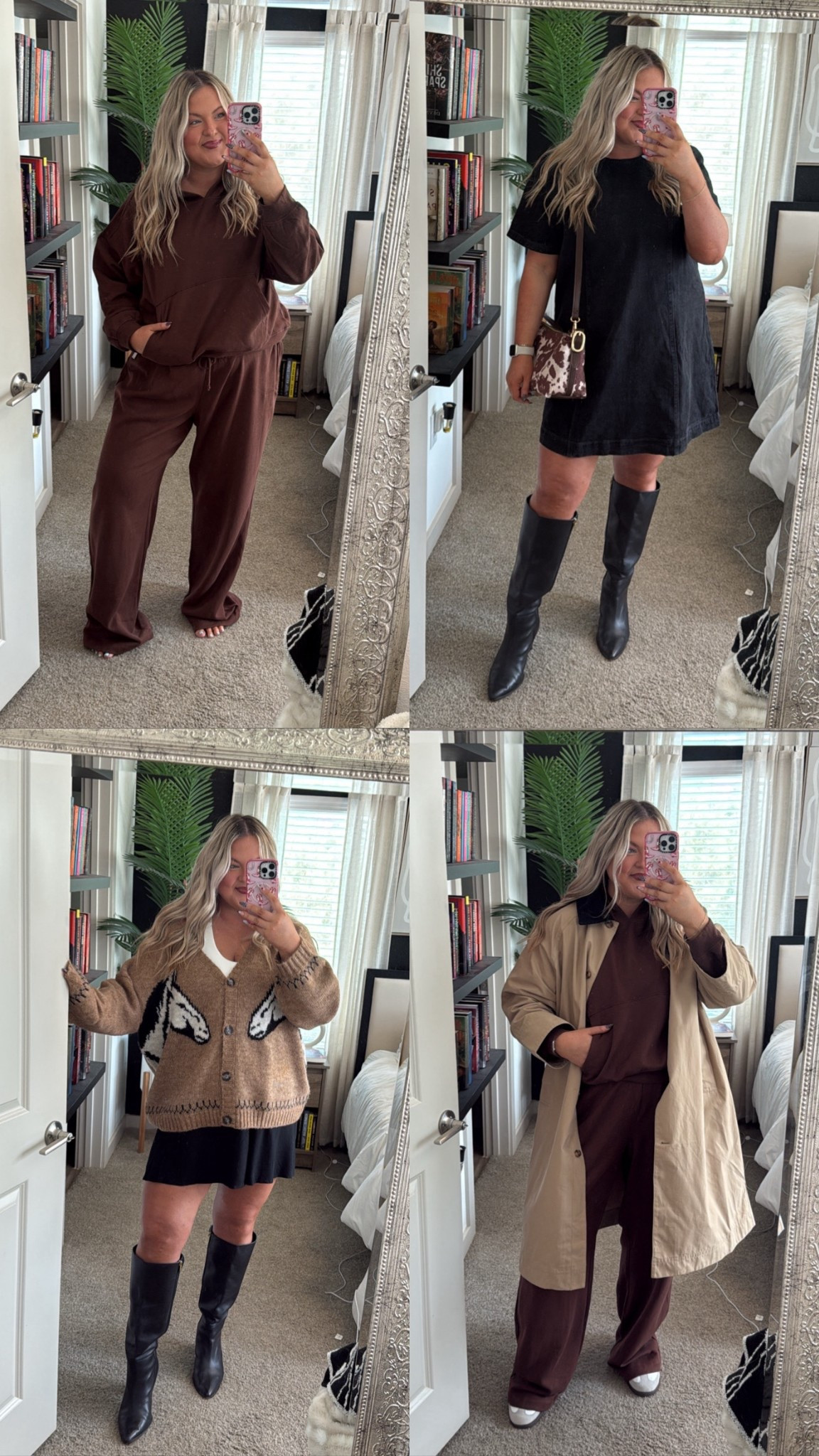 Horse sweater: I sized up to a 2x for oversized fit 
Black skirt: xxl—it was hanging off me so size down 
Barrel pants: 18 tall
Sweater: xxl—true to size 
Dress: xxl reg—true to size 
Sweatshirt: 2x 
Sweatpants: xxl tall  
Trench: 2x

#LTKSeasonal #LTKPlusSize #LTKTall